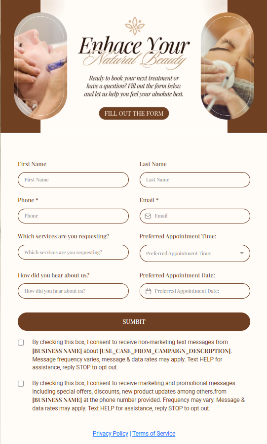 Med Spa appointment request form in the Morph Vista Tech platform
