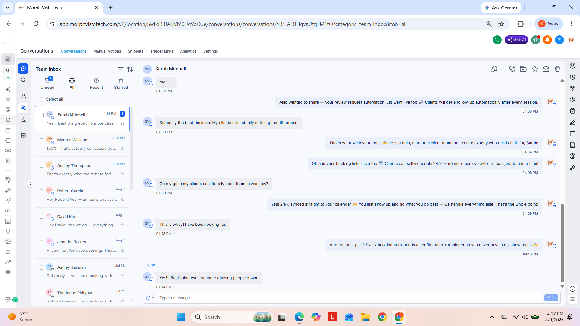 Conversations and two-way texting inbox in the Morph Vista Tech platform